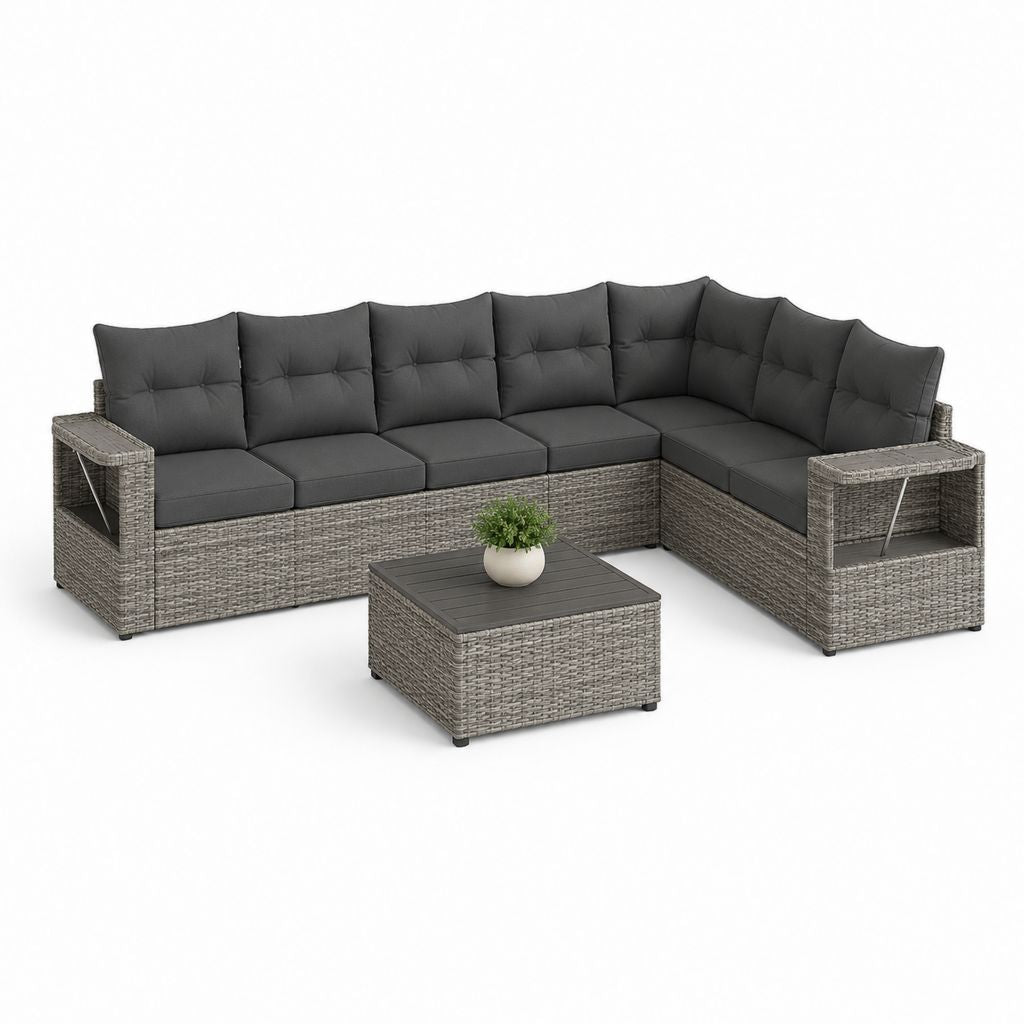 Gartensofa Ecklounge 7-teilig Grau Poly-Rattan L-Form mit Couchtisch 290 x 220 x 85 cm