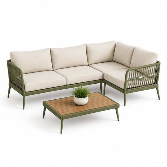 Garten-Loungeset L-Form Olivgrün und Beige Aluminium Polyester 220 x 220 cm mit Couchtisch