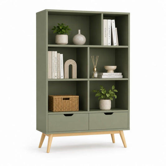 Bücherregal mit 6 offenen Fächern und 2 Schubladen Olivgrün MDF 100 x 35 x 180 cm