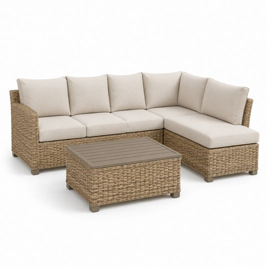 Gartenlounge Set L-Form Natur PE-Rattan mit beigen Polyesterkissen 250 x 190 cm