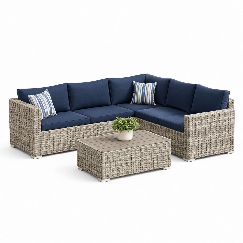 Gartenlounge Ecksofa Set Grau PE-Rattan mit dunkelblauen Polyesterkissen und Couchtisch 230 x 230 cm