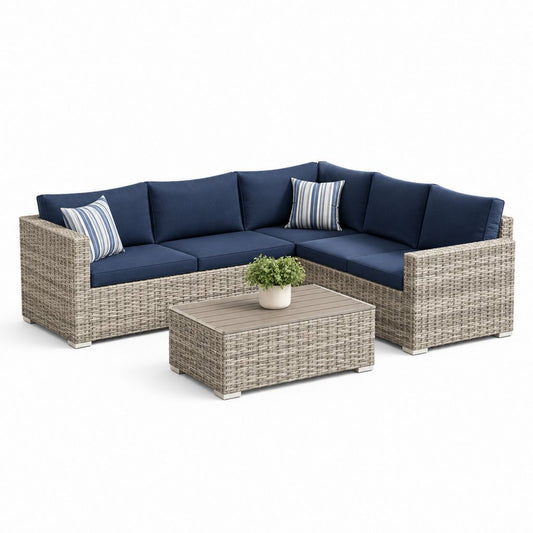 Gartenlounge Ecksofa Set Grau PE-Rattan mit dunkelblauen Polyesterkissen und Couchtisch 230 x 230 cm