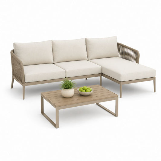 Gartenlounge Set 3-teilig Beige Aluminium PE-Rope L-Form Ecksofa 195 x 195 cm mit Couchtisch 100 x 60 cm