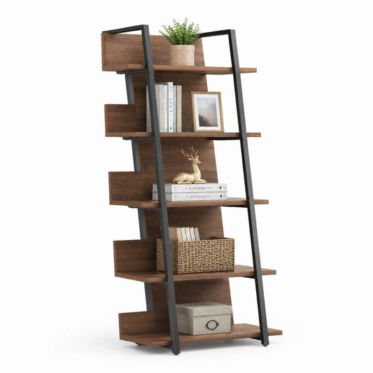 Leiterregal Bücherregal in Walnussbraun und Schwarz aus MDF und pulverbeschichtetem Stahl 80 x 35 x 180 cm