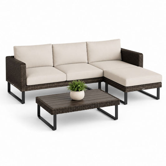 Gartenlounge Set 3-teilig Braun Beige aus PE-Rattan mit Ecksofa und Couchtisch 200 x 130 x 63 cm