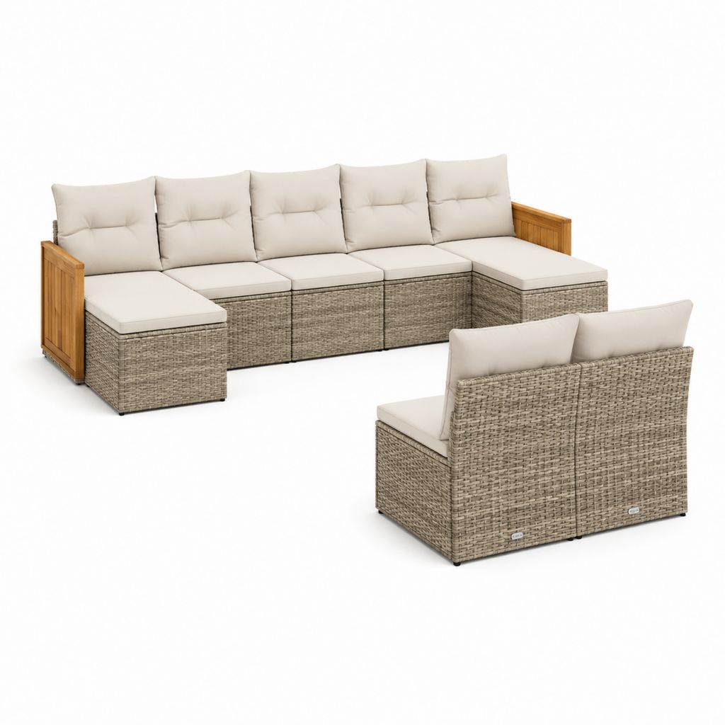 7-teiliges Gartenlounge-Set in Taupe und Creme aus PE-Geflecht mit Akazienholz 350 x 210 x 85 cm