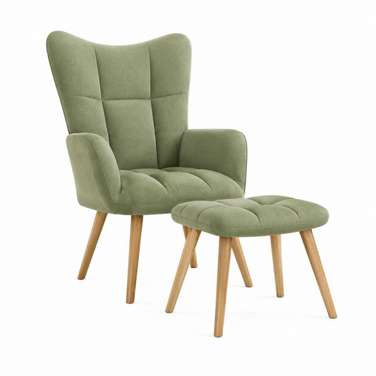 Ohrensessel mit Hocker Grün Polyester Massivholz 2-teilig 75 x 82 x 105 cm