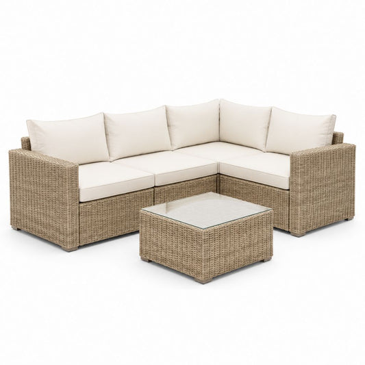Gartenlounge Ecksofa Set Beige Polyrattan mit Glastisch 220 x 220 cm