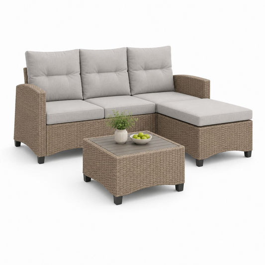 Gartenlounge Set L-Form Braun Grau mit PE-Rattan und Polyesterkissen 204 x 140 x 83 cm