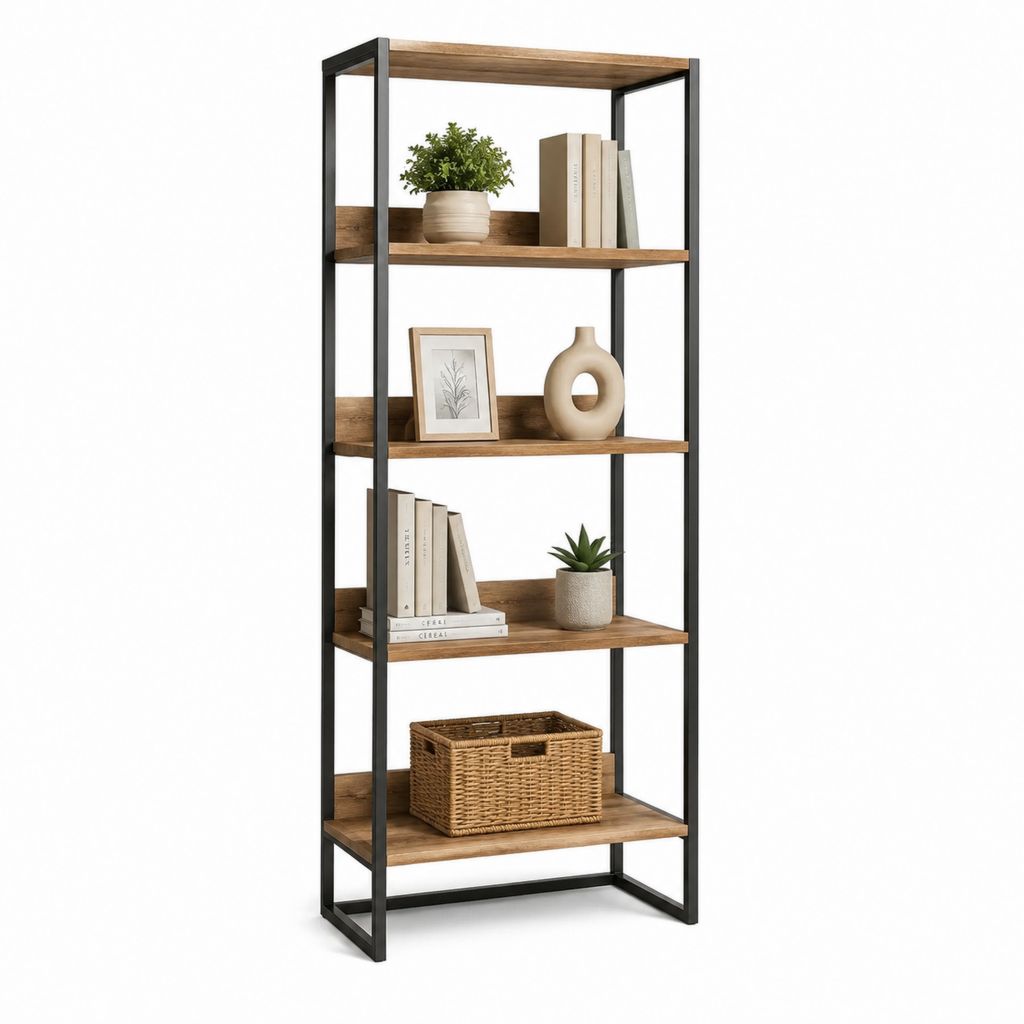 Bücherregal Standregal Braun Schwarz aus Spanplatte und Stahl rechteckig mit 5 Ablagen 80 x 30 x 180 cm