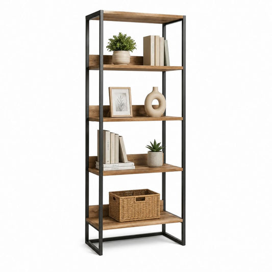 Bücherregal Standregal Braun Schwarz aus Spanplatte und Stahl rechteckig mit 5 Ablagen 80 x 30 x 180 cm