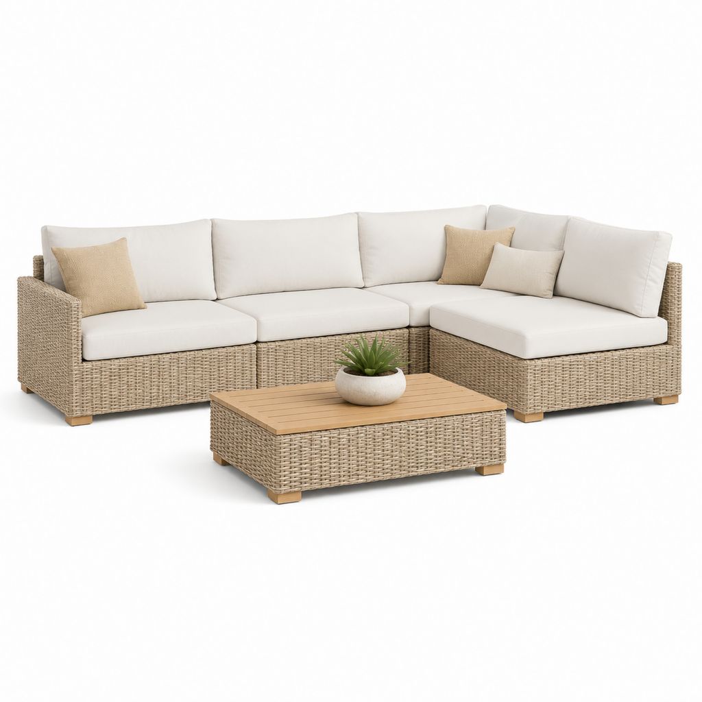 4-teiliges Gartenlounge-Set Beige PE-Rattan L-Form Ecksofa mit Couchtisch 240 x 180 x 70 cm