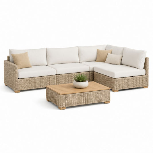 4-teiliges Gartenlounge-Set Beige PE-Rattan L-Form Ecksofa mit Couchtisch 240 x 180 x 70 cm