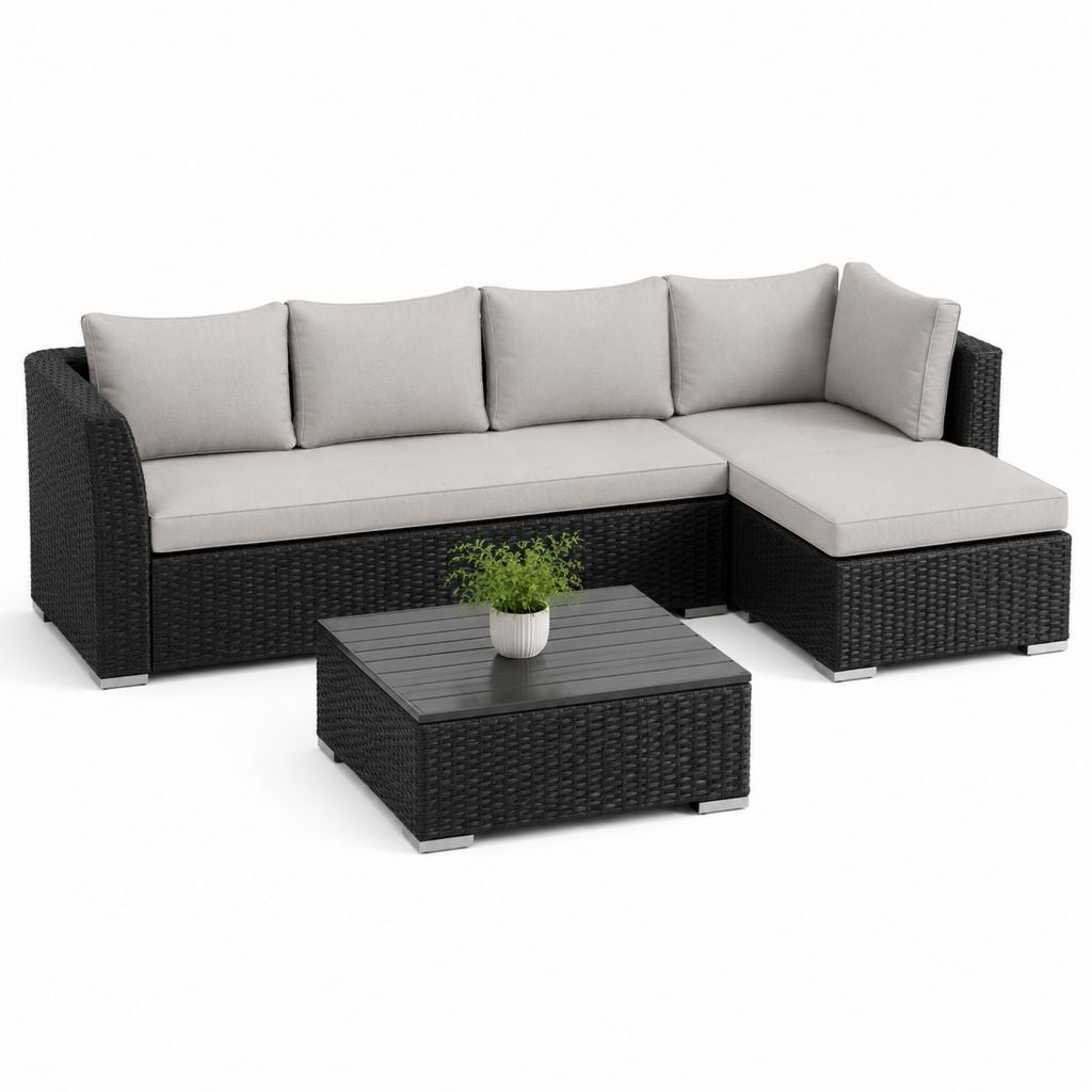 3-teiliges Gartenlounge Set schwarz aus PE-Rattan mit grauen Polyesterkissen Ecksofa 200 x 140 x 65 cm und Tisch 70 x 70 x 35 cm