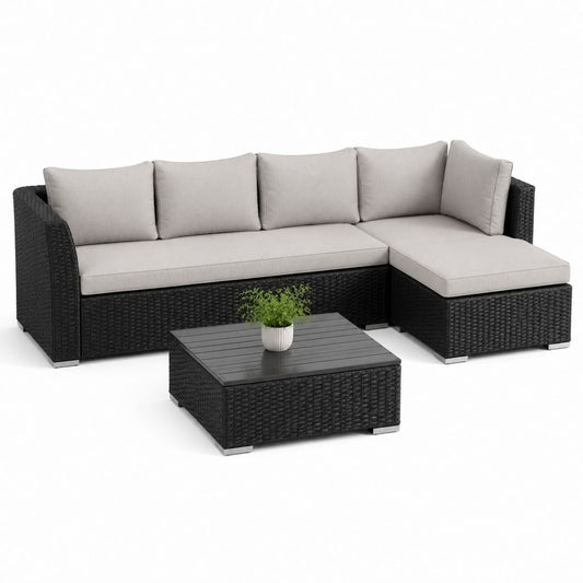 3-teiliges Gartenlounge Set schwarz aus PE-Rattan mit grauen Polyesterkissen Ecksofa 200 x 140 x 65 cm und Tisch 70 x 70 x 35 cm
