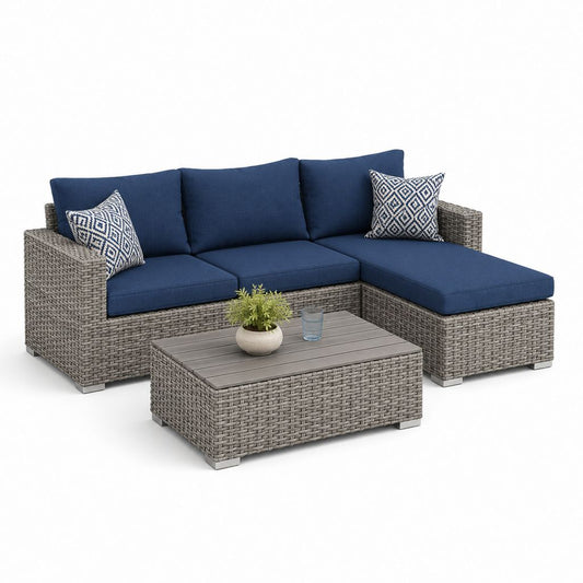 Gartenlounge Set L-Form Grau Blau Polyrattan Polyester 220 x 150 x 85 cm