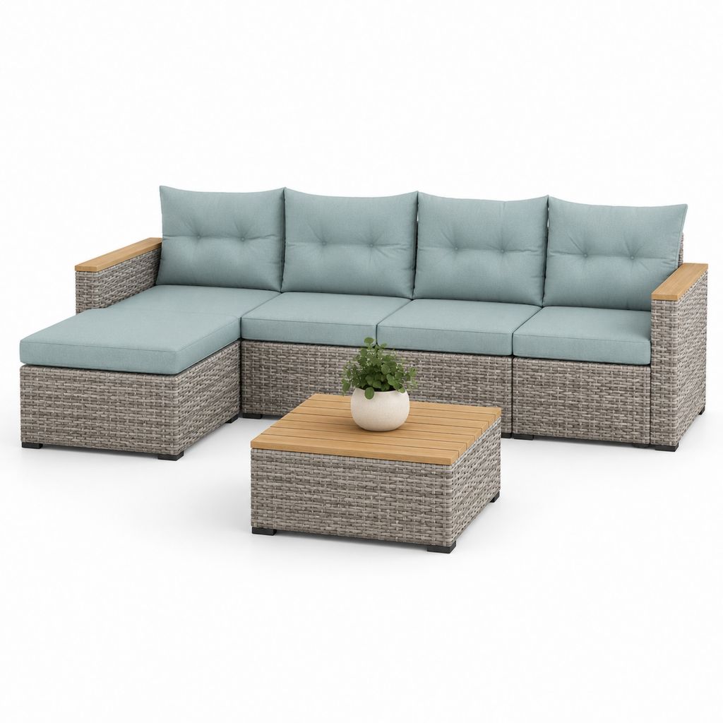 Gartensofa Ecksofa 5-teilig Grau Hellblau PE-Rattan L-Form 250 x 150 x 82 cm