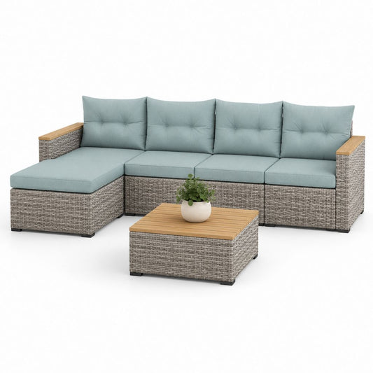 Gartensofa Ecksofa 5-teilig Grau Hellblau PE-Rattan L-Form 250 x 150 x 82 cm