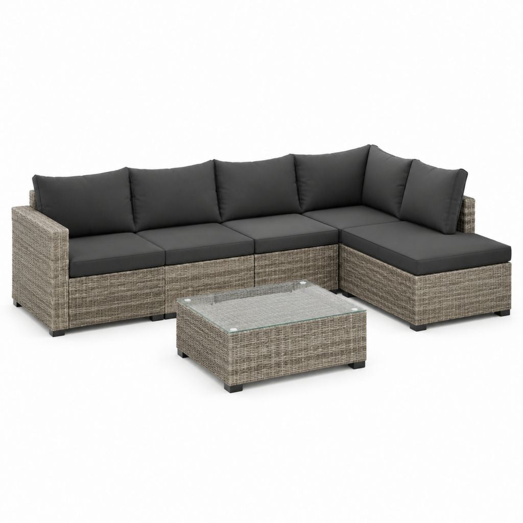 Gartenlounge Set Polyrattan Grau mit 4-Sitzer Ecksofa und Glastisch 250 x 190 x 70 cm