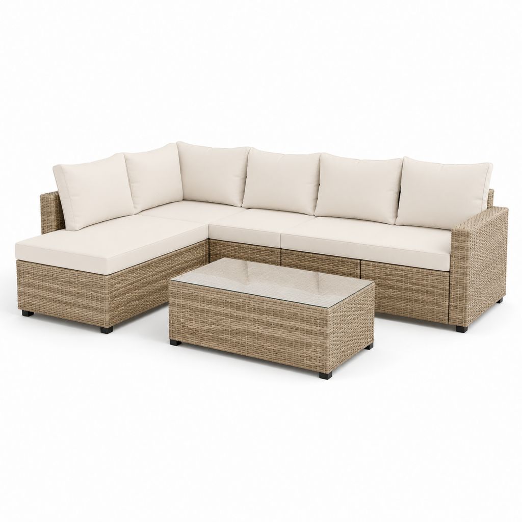 Gartenlounge Set Beige Polyrattan L-Form mit Couchtisch 220 x 145 x 75 cm