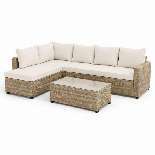 Gartenlounge Set Beige Polyrattan L-Form mit Couchtisch 220 x 145 x 75 cm