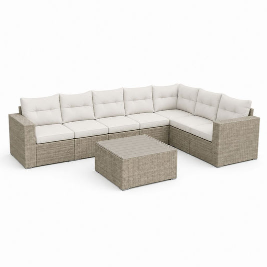 Gartenlounge Set Polyrattan Beige L-Form mit 6 Sitzmodulen und Couchtisch 280 x 220 x 75 cm