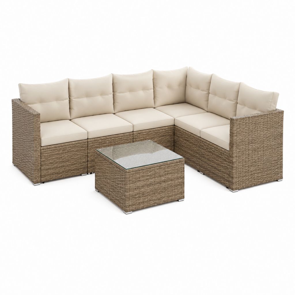Gartensofa Ecklounge Set Naturbraun Beige Polyrattan Stahl 210 x 210 x 70 cm mit Glastisch