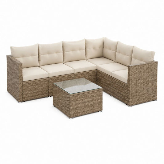 Gartensofa Ecklounge Set Naturbraun Beige Polyrattan Stahl 210 x 210 x 70 cm mit Glastisch