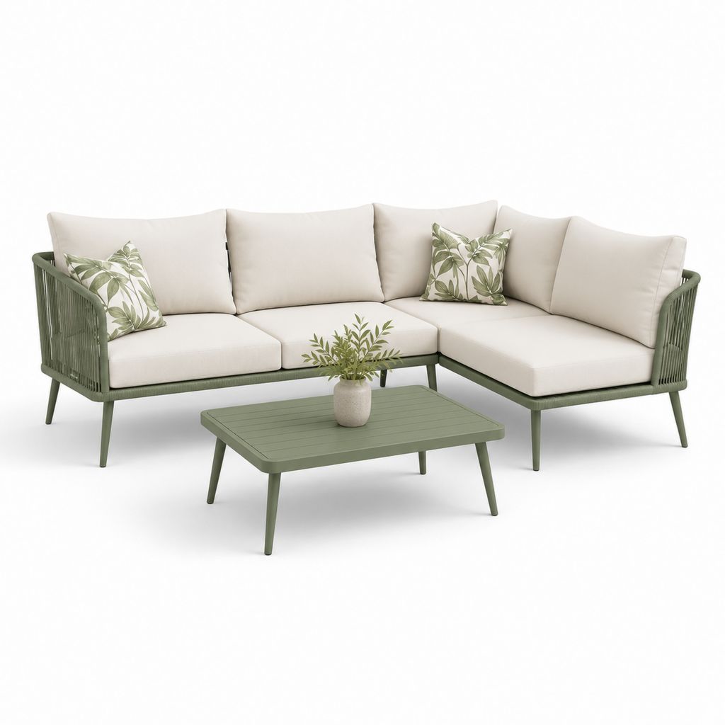 4-teiliges Gartensofa Set Olivgrün Creme Aluminium Polyester L-Form 220 x 220 x 78 cm mit Couchtisch 100 x 60 x 42 cm