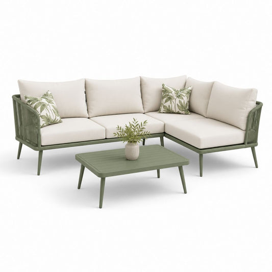 4-teiliges Gartensofa Set Olivgrün Creme Aluminium Polyester L-Form 220 x 220 x 78 cm mit Couchtisch 100 x 60 x 42 cm