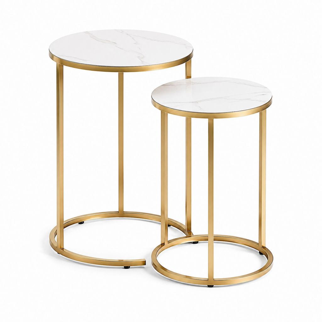 2er Set Beistelltische rund Weiß Gold Keramikplatte Stahlgestell Ø 50 x 60 cm und Ø 40 x 50 cm