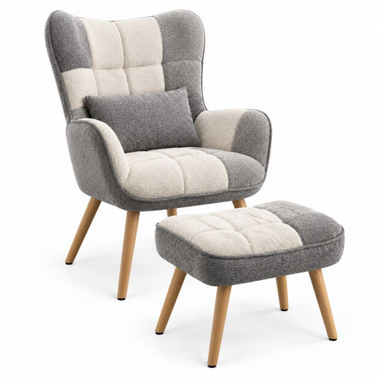 Ohrensessel Set mit Fußhocker Grau Creme Polyester Bouclé 78 x 86 x 102 cm