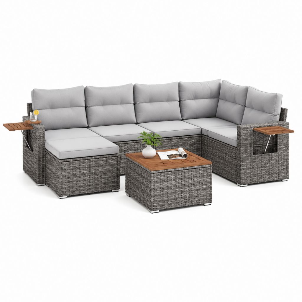 7-teiliges Gartenlounge Set Grau aus PE-Rattan mit Akazienholz Tischplatten 280 x 210 x 85 cm