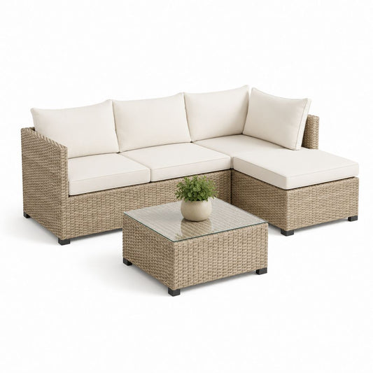 Gartenlounge Set Ecksofa mit Couchtisch Beige Polyrattan L-Form 210 x 150 x 65 cm