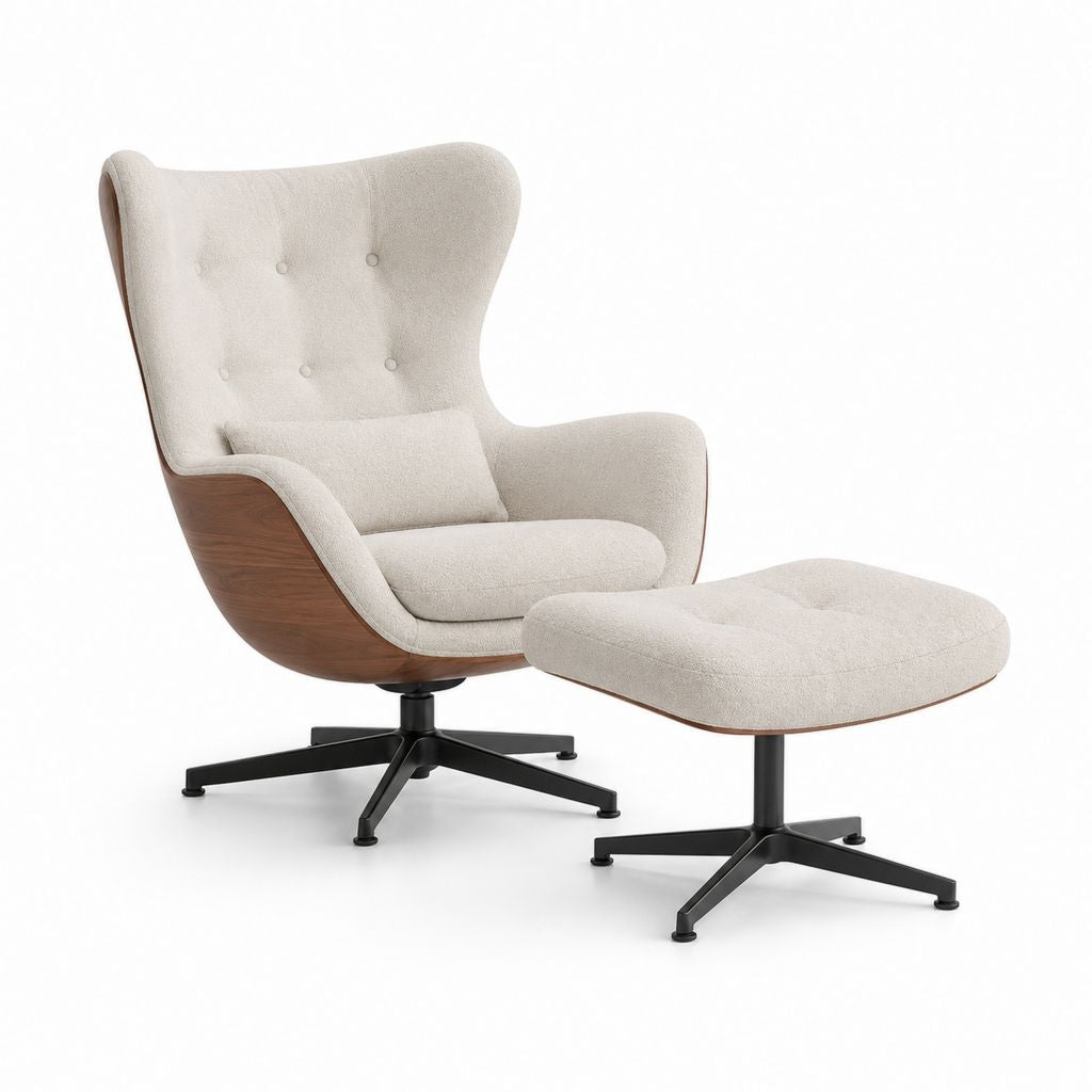 Drehsessel mit Hocker Creme Polyester Walnussfurnier 86 x 84 x 103 cm