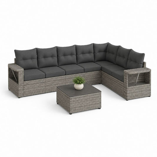 Gartensofa Ecklounge 7-teilig Grau Poly-Rattan L-Form mit Couchtisch 290 x 220 x 85 cm